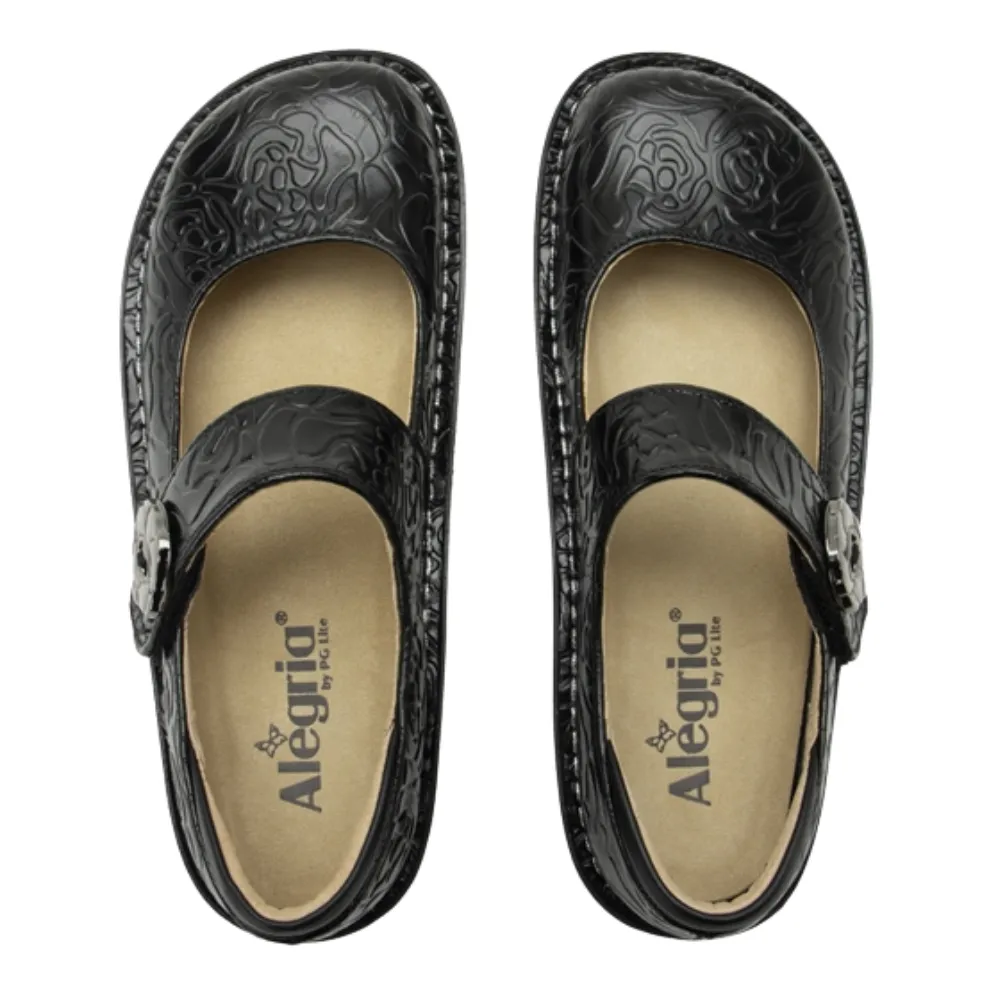 Alegria Paloma Black Embossed Rose Leather Mary Jane (Women's)