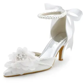 Pearls Women Wedding Shoes With Ribbons Lace Up Party Shoes Pointed Toes, SY0125